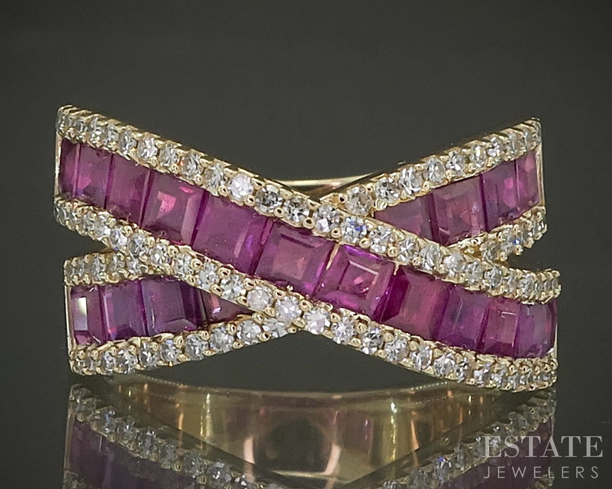 14k Yellow Gold EFFY Natural Ruby Royale & Diamond Criss Cross Ring 8g p29707
