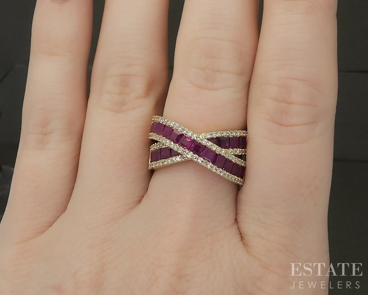 14k Yellow Gold EFFY Natural Ruby Royale & Diamond Criss Cross Ring 8g p29707