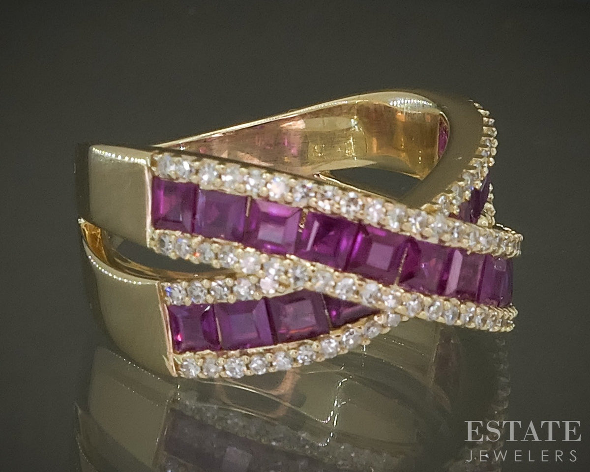 14k Yellow Gold EFFY Natural Ruby Royale & Diamond Criss Cross Ring 8g p29707