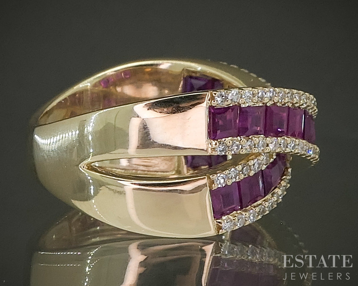 14k Yellow Gold EFFY Natural Ruby Royale & Diamond Criss Cross Ring 8g p29707