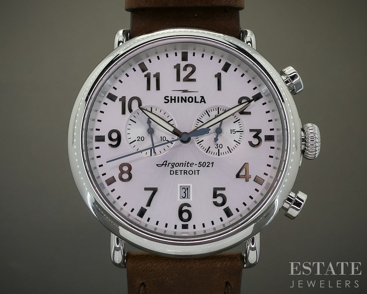 Shinola Runwell Chronograph 47mm Stainless Brown Strap Mens Watch p29769