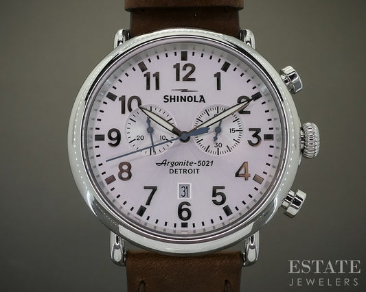 Shinola Runwell Chronograph 47mm Stainless Brown Strap Mens Watch p29769