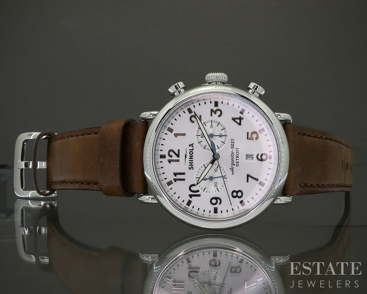 Shinola Runwell Chronograph 47mm Stainless Brown Strap Mens Watch p29769