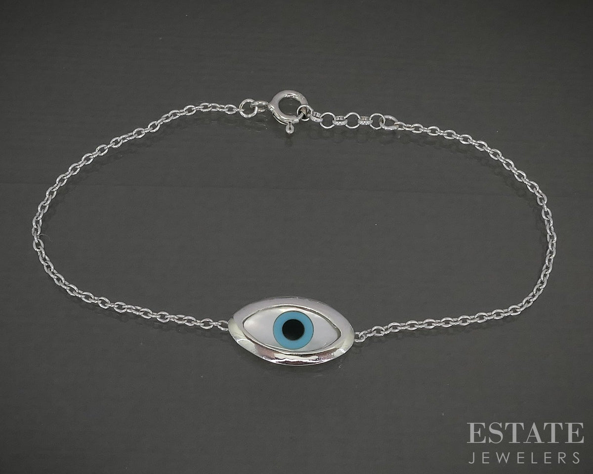18k White Gold Multi Gem Evil Eye Bracelet 2.4g 7"L p29876
