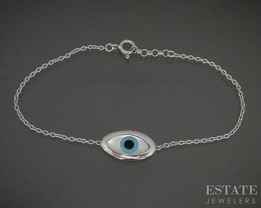 18k White Gold Multi Gem Evil Eye Bracelet 2.4g 7"L p29876