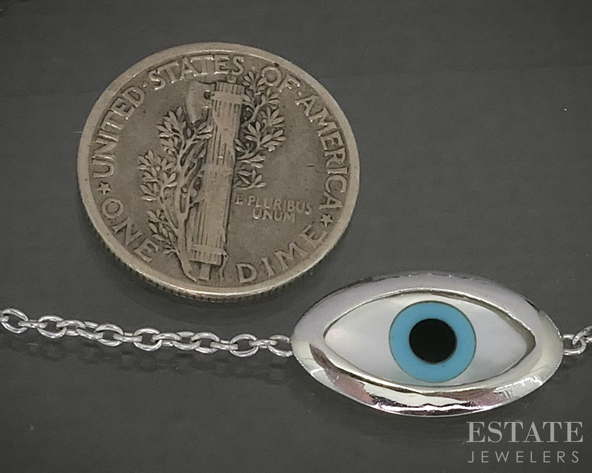 18k White Gold Multi Gem Evil Eye Bracelet 2.4g 7"L p29876