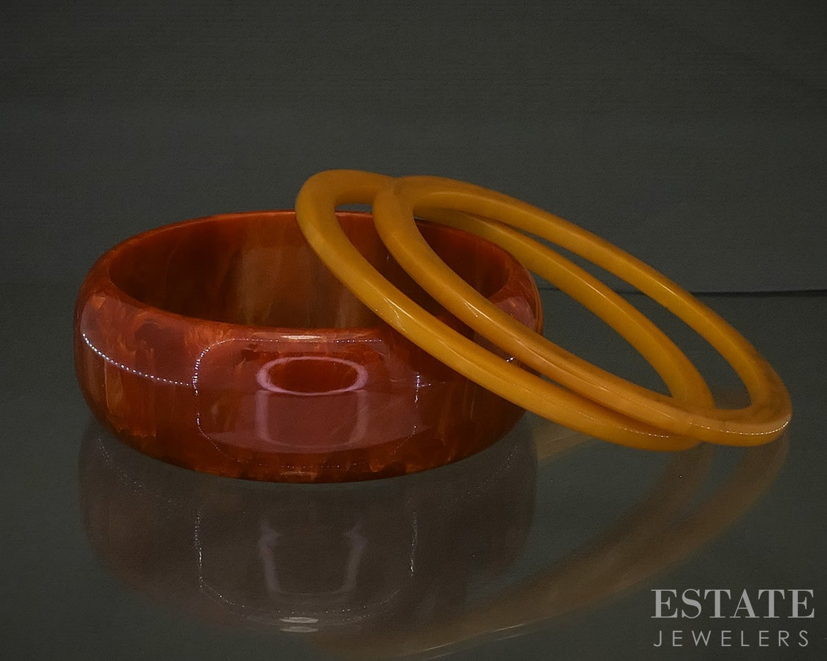 Vintage Bakelite Orange & Butterscotch Bangle Bracelets Set of 3 p29871