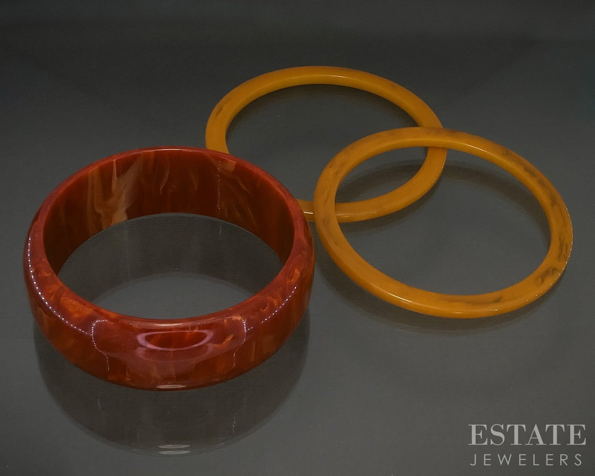Vintage Bakelite Orange & Butterscotch Bangle Bracelets Set of 3 p29871
