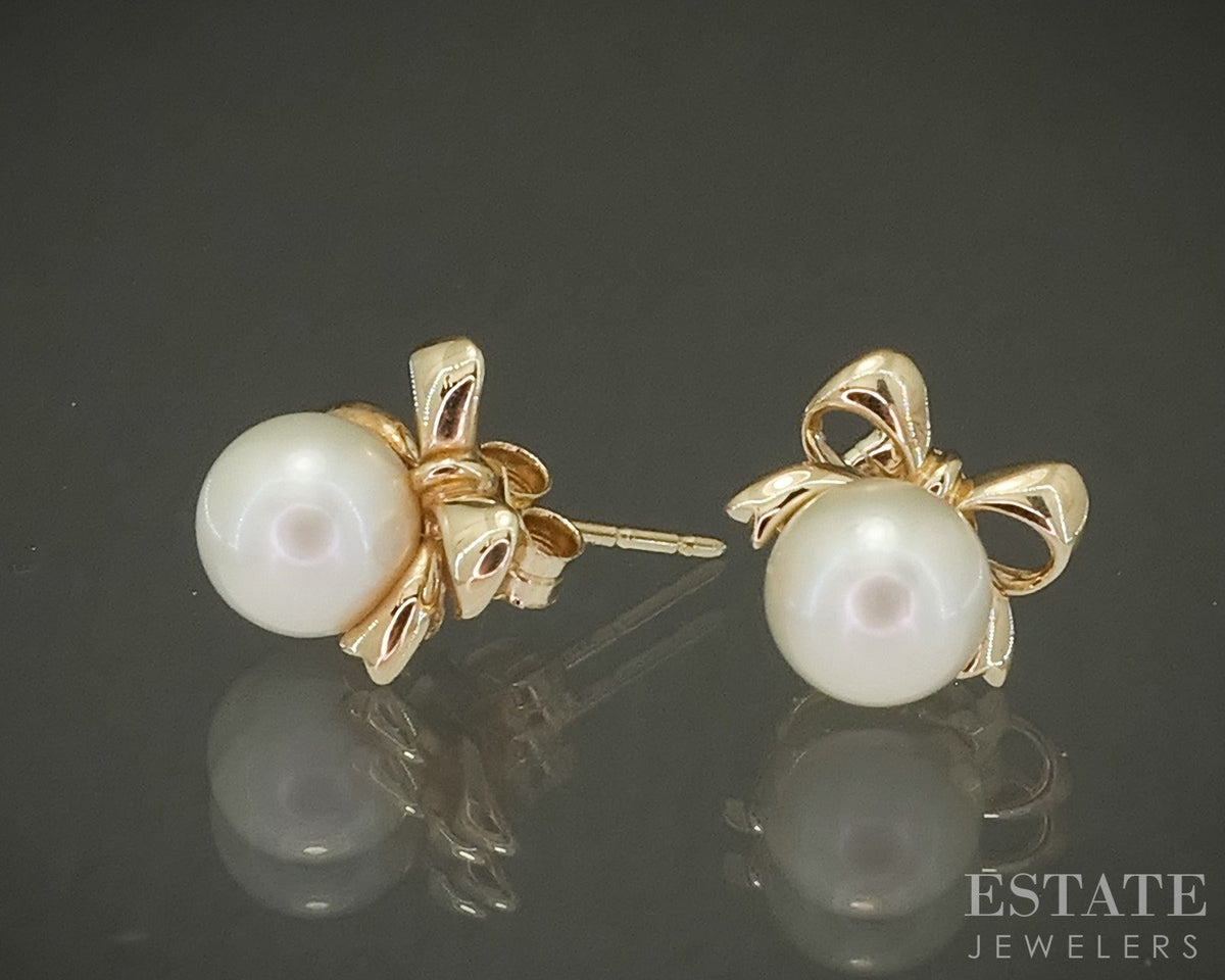 14k Yellow Gold 6mm Akoya Pearl Bow Stud Ladies Earrings 2.2g p29636