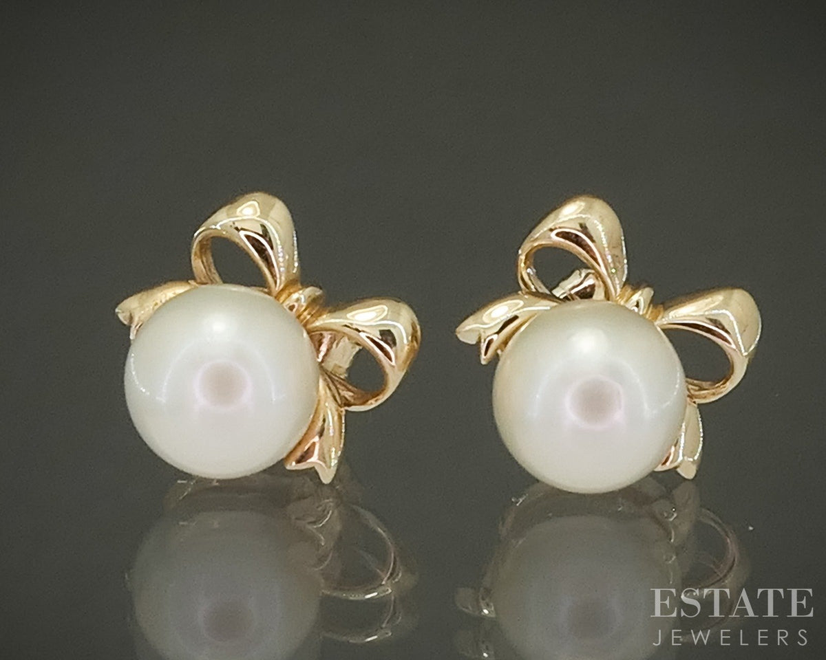 14k Yellow Gold 6mm Akoya Pearl Bow Stud Ladies Earrings 2.2g p29636