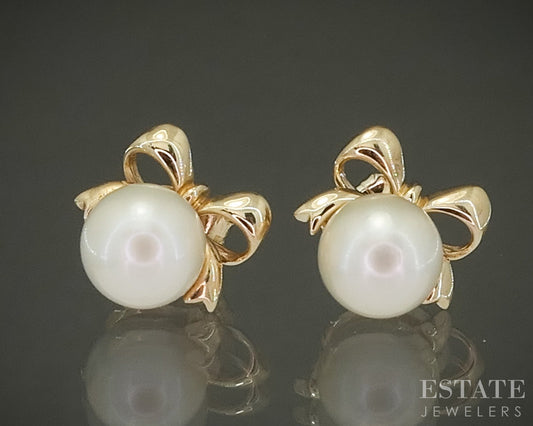 14k Yellow Gold 6mm Akoya Pearl Bow Stud Ladies Earrings 2.2g p29636