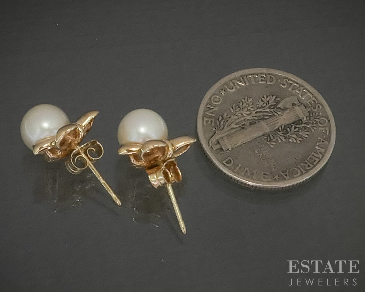 14k Yellow Gold 6mm Akoya Pearl Bow Stud Ladies Earrings 2.2g p29636
