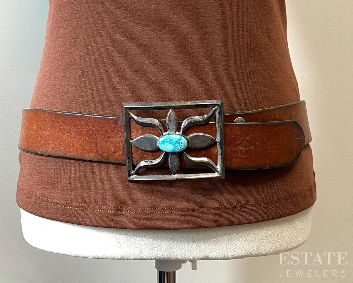 Vintage Sterling Natural Turquoise Navajo Buckle Brown Leather Belt p31791