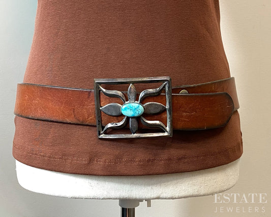 Vintage Sterling Natural Turquoise Navajo Buckle Brown Leather Belt p31791