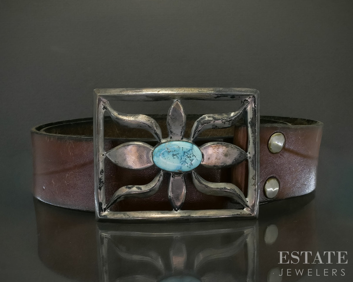Vintage Sterling Natural Turquoise Navajo Buckle Brown Leather Belt p31791