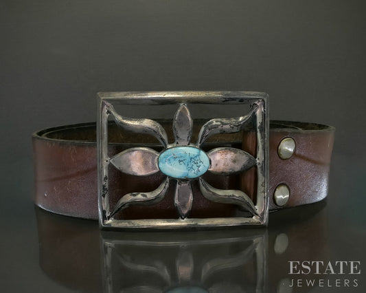 Vintage Sterling Natural Turquoise Navajo Buckle Brown Leather Belt p31791
