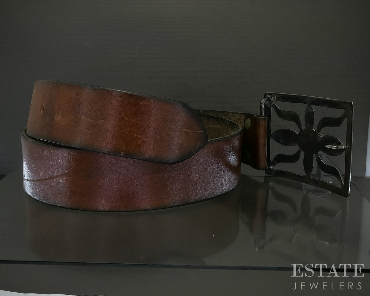 Vintage Sterling Natural Turquoise Navajo Buckle Brown Leather Belt p31791