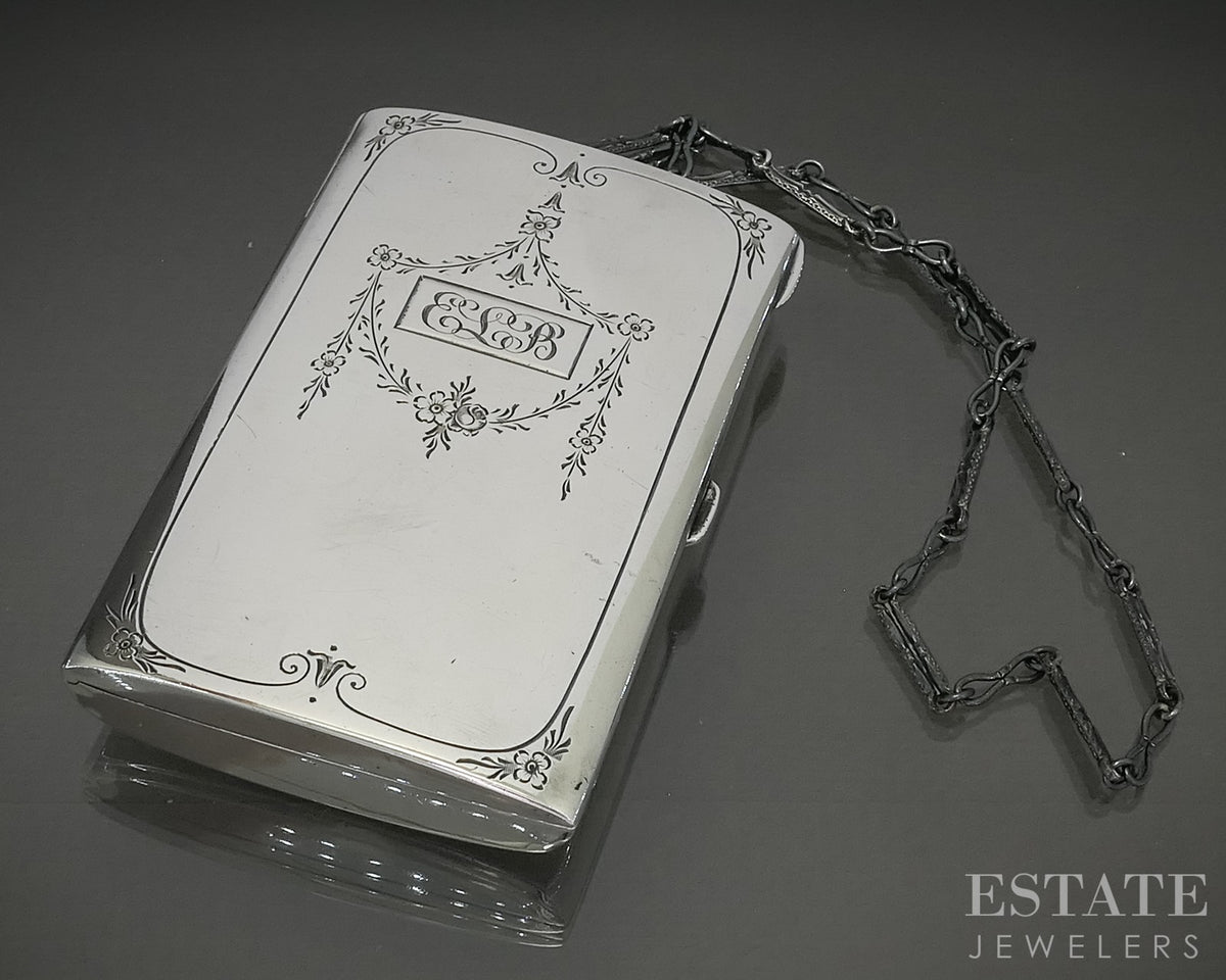 Antique Sterling James E. Blake Co. Vanity Powder Box Case & Chain 88g p30911
