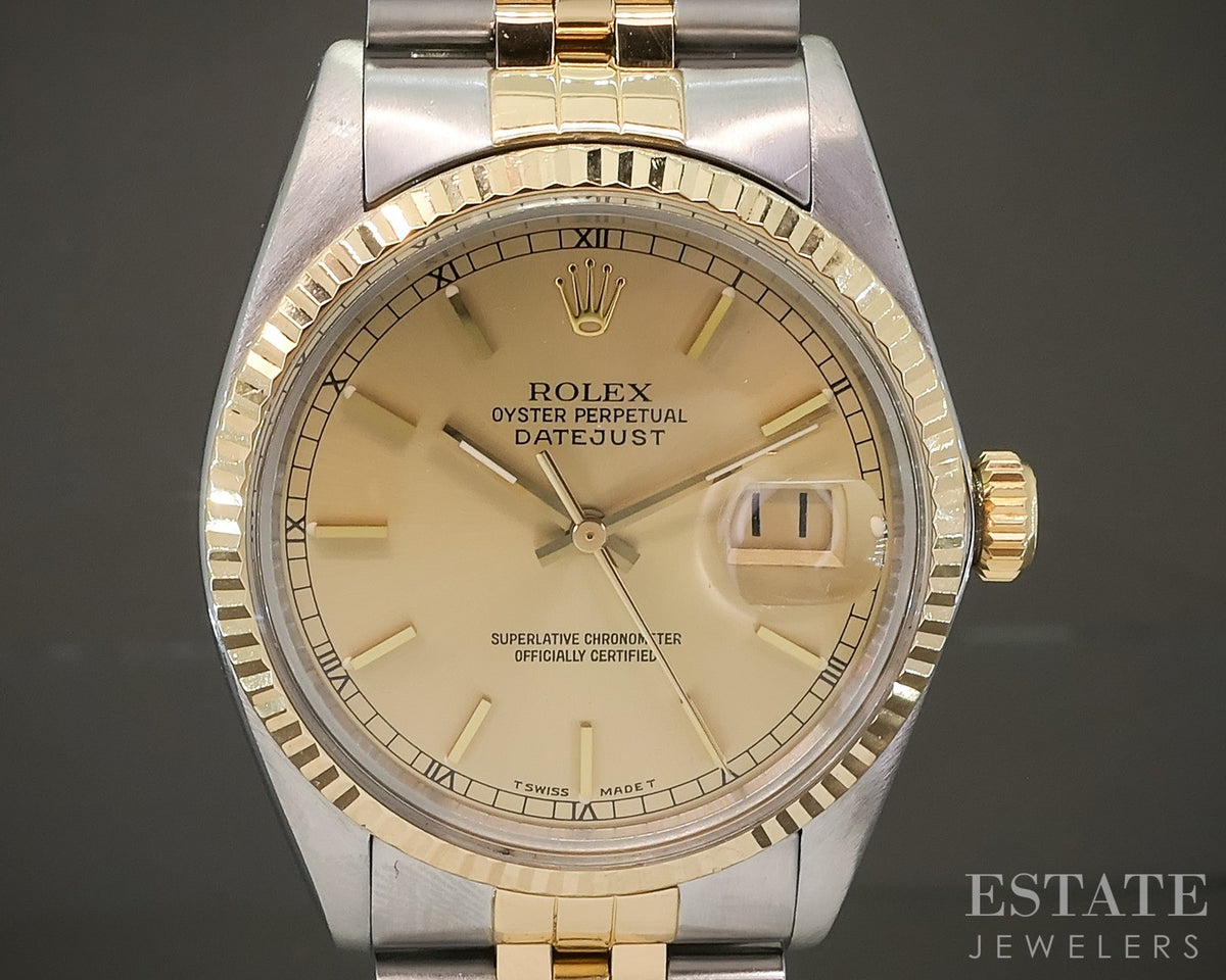 1985 Rolex Datejust 16013 Two Tone Roman Champagne Stick Dial 36mm Watch p30564