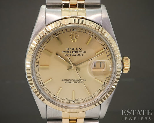 1985 Rolex Datejust 16013 Two Tone Roman Champagne Stick Dial 36mm Watch p30564