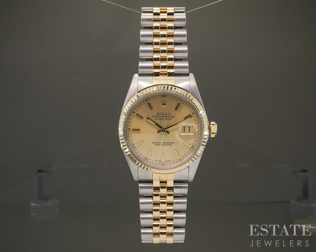 1985 Rolex Datejust 16013 Two Tone Roman Champagne Stick Dial 36mm Watch p30564