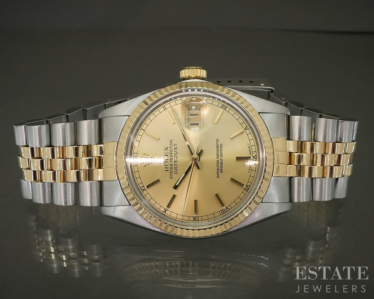 1985 Rolex Datejust 16013 Two Tone Roman Champagne Stick Dial 36mm Watch p30564