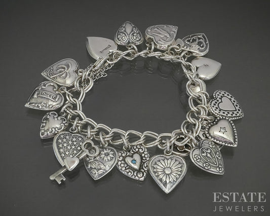 Vintage Sterling Silver Puffy Heart & Key Charm Bracelet 37.5g 6.5"L p31180