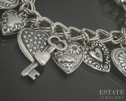 Vintage Sterling Silver Puffy Heart & Key Charm Bracelet 37.5g 6.5"L p31180