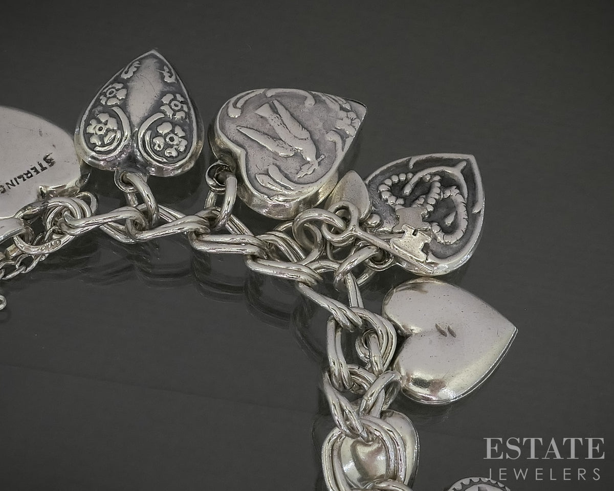 Vintage Sterling Silver Puffy Heart & Key Charm Bracelet 37.5g 6.5"L p31180