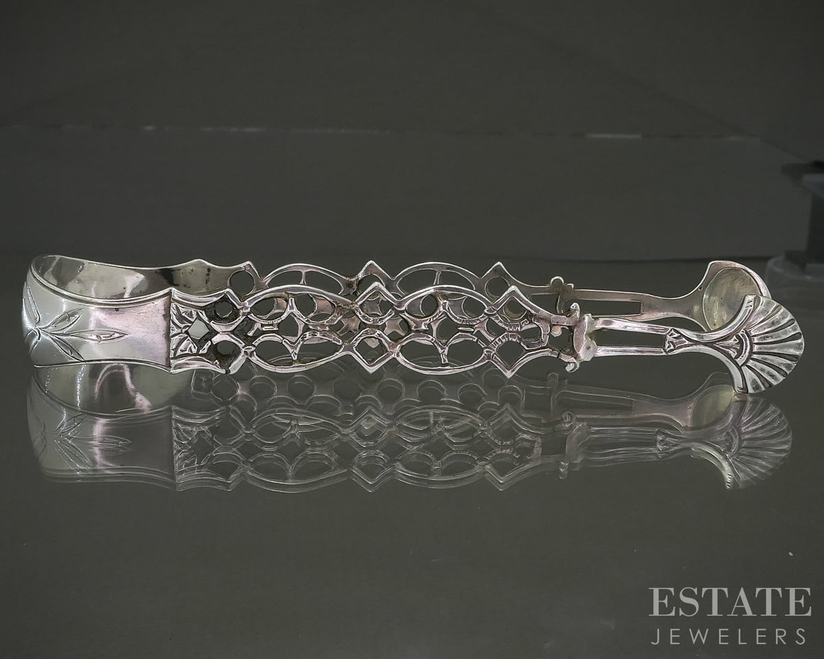 Antique Sterling Silver British Lattice & Shell Sugar Tongs 29g p30917