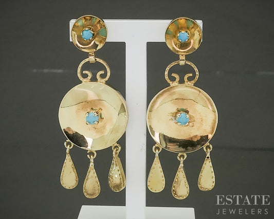 Vintage 14k Yellow Gold Turquoise Teardrop Disk Dangle Earrings p31454