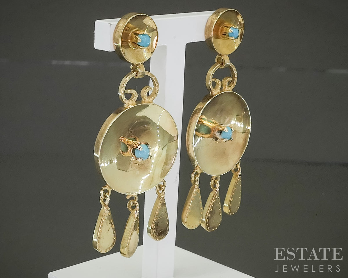 Vintage 14k Yellow Gold Turquoise Teardrop Disk Dangle Earrings p31454