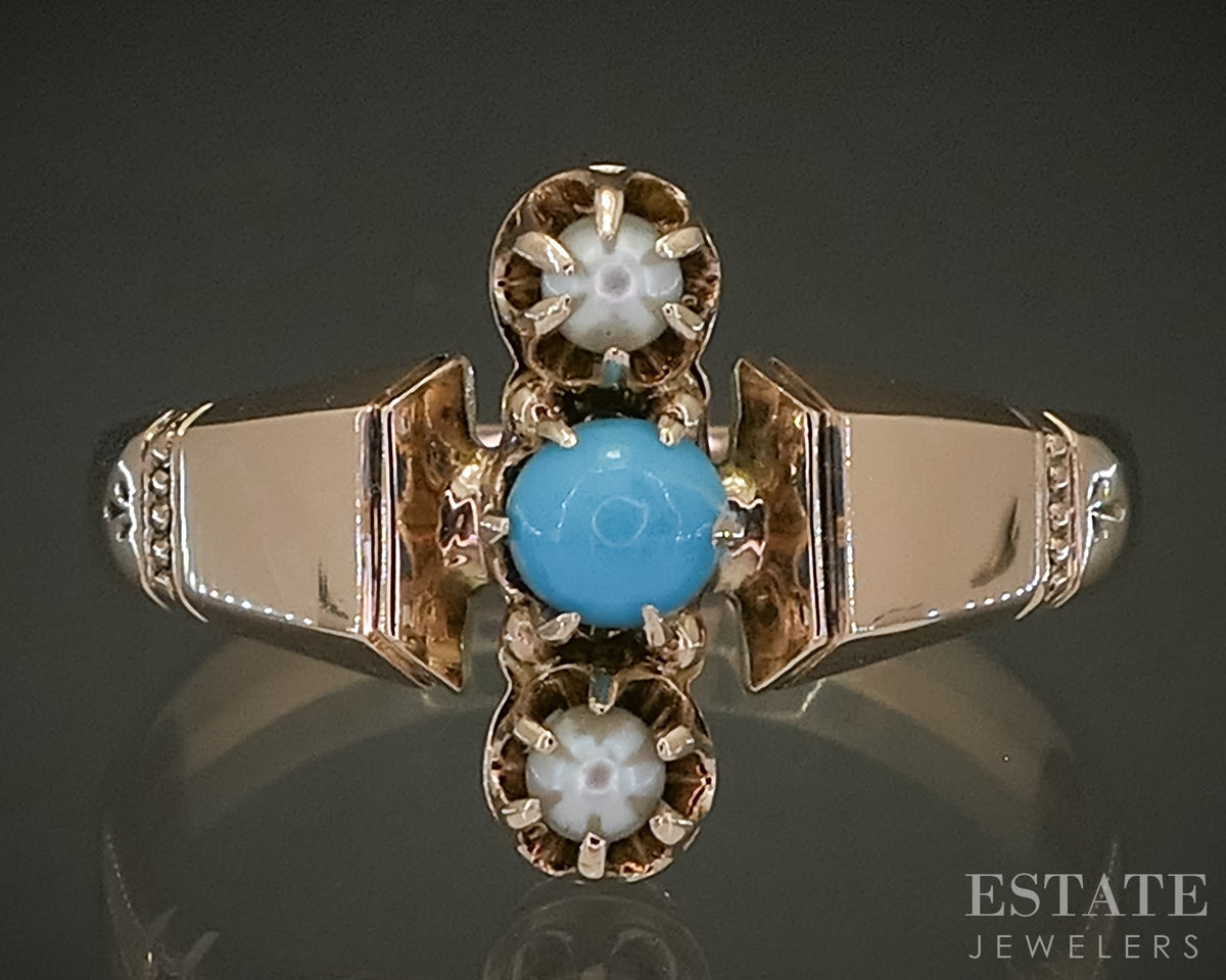 Antique Victorian 9k Yellow Gold Turquoise & Seed Pearl Ladies Ring 2.2g p31455