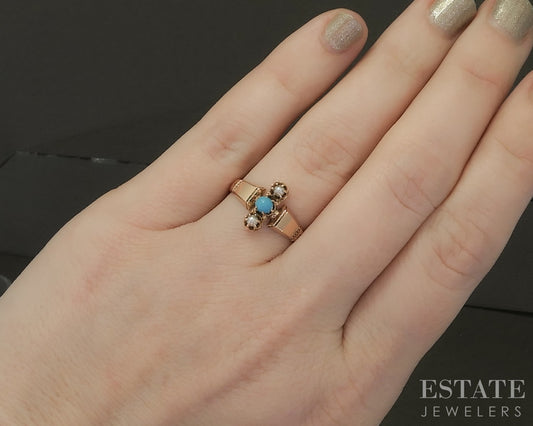 Antique Victorian 9k Yellow Gold Turquoise & Seed Pearl Ladies Ring 2.2g p31455