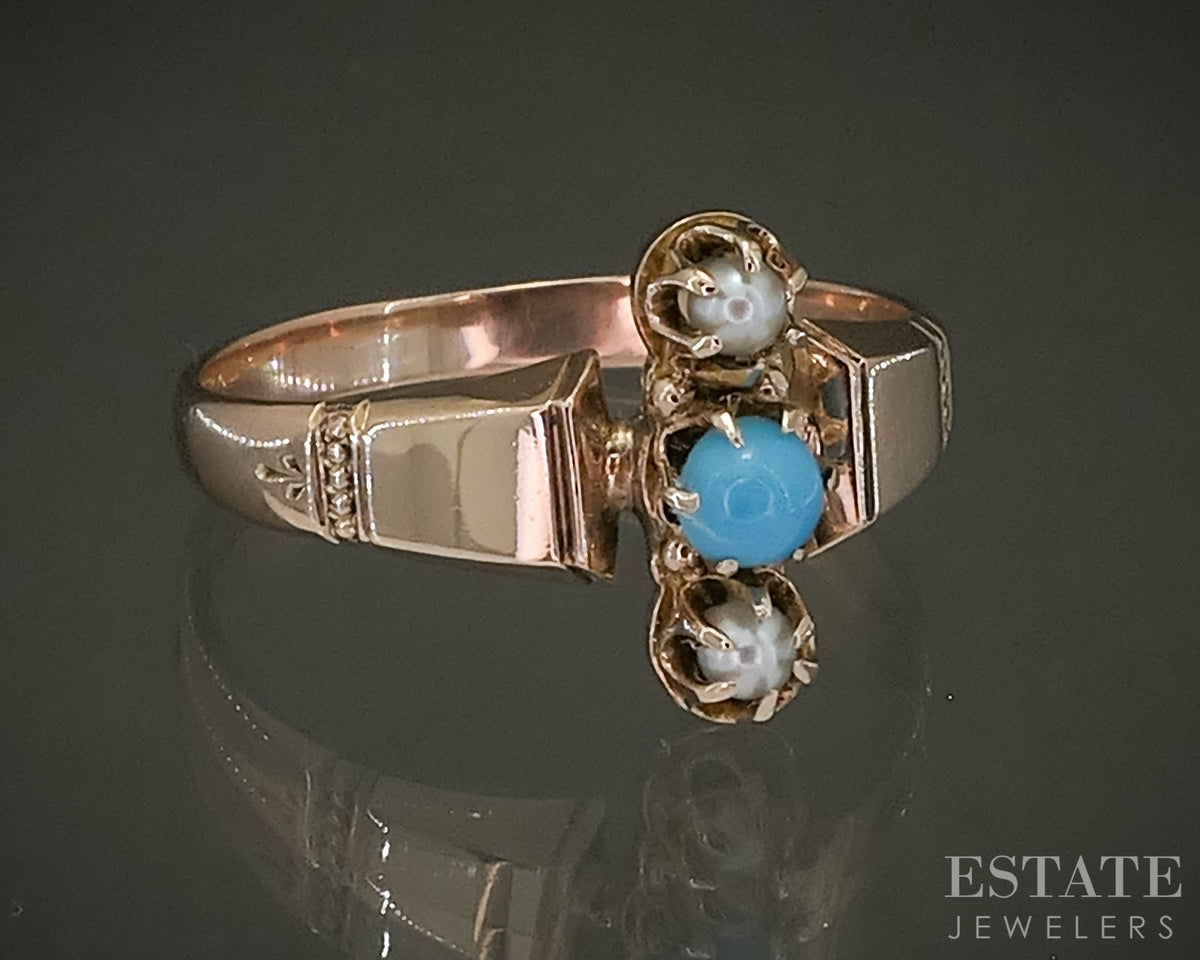 Antique Victorian 9k Yellow Gold Turquoise & Seed Pearl Ladies Ring 2.2g p31455