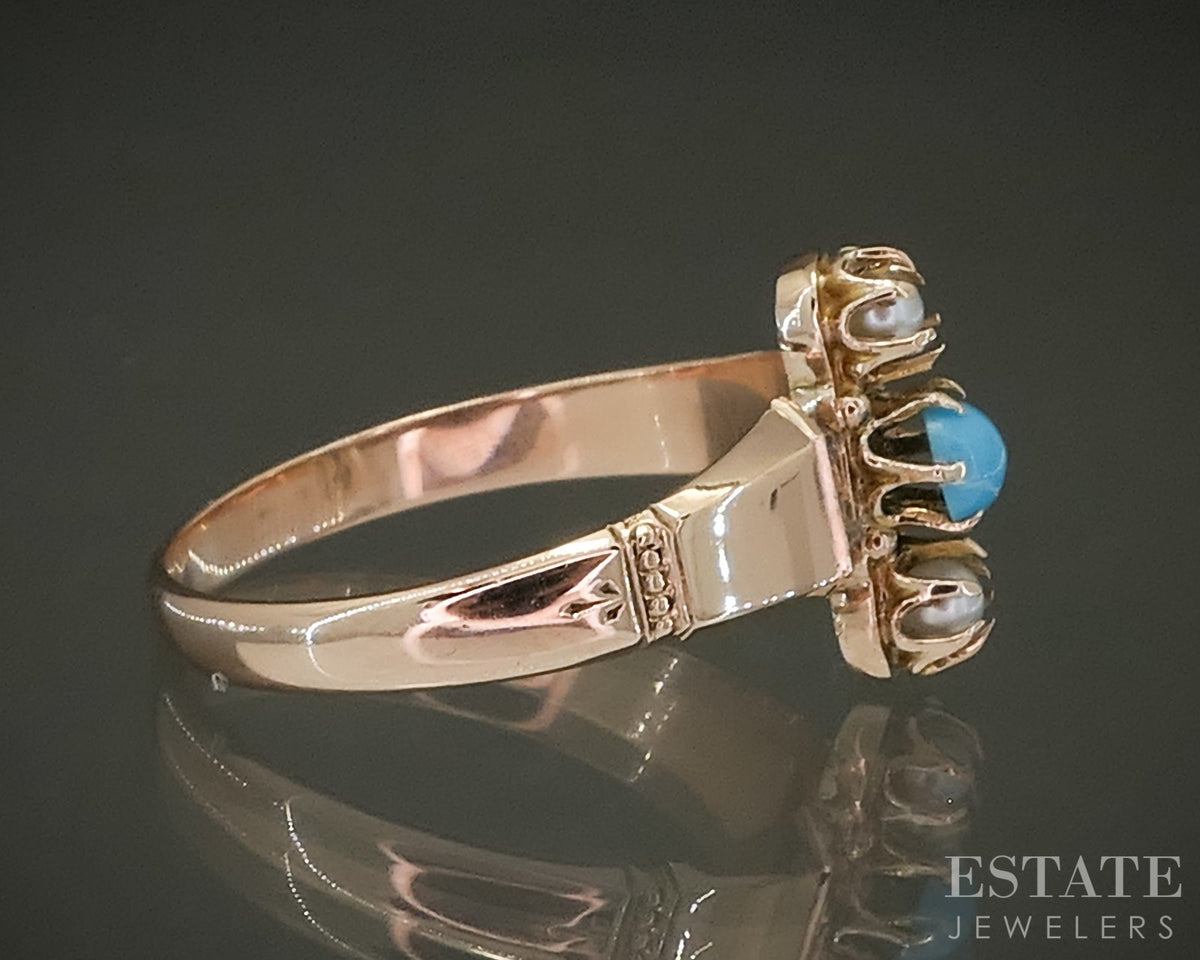 Antique Victorian 9k Yellow Gold Turquoise & Seed Pearl Ladies Ring 2.2g p31455