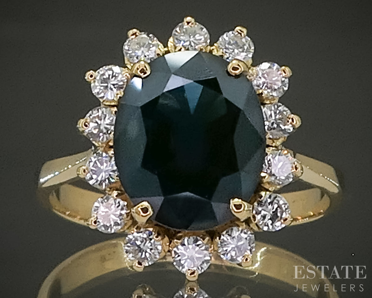 18k Yellow Gold Oval Natural Blue Sapphire & Diamond Princess Diana Ring p31499