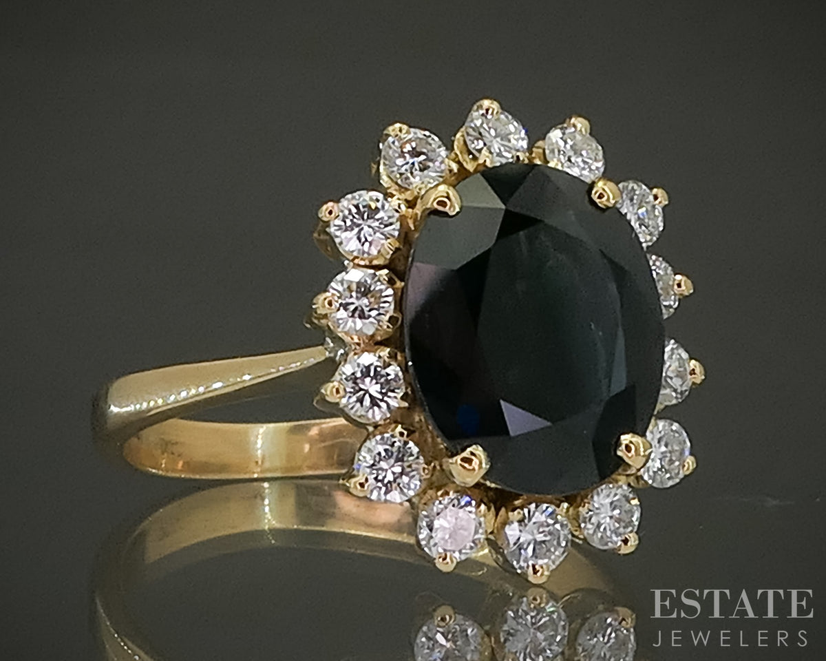 18k Yellow Gold Oval Natural Blue Sapphire & Diamond Princess Diana Ring p31499