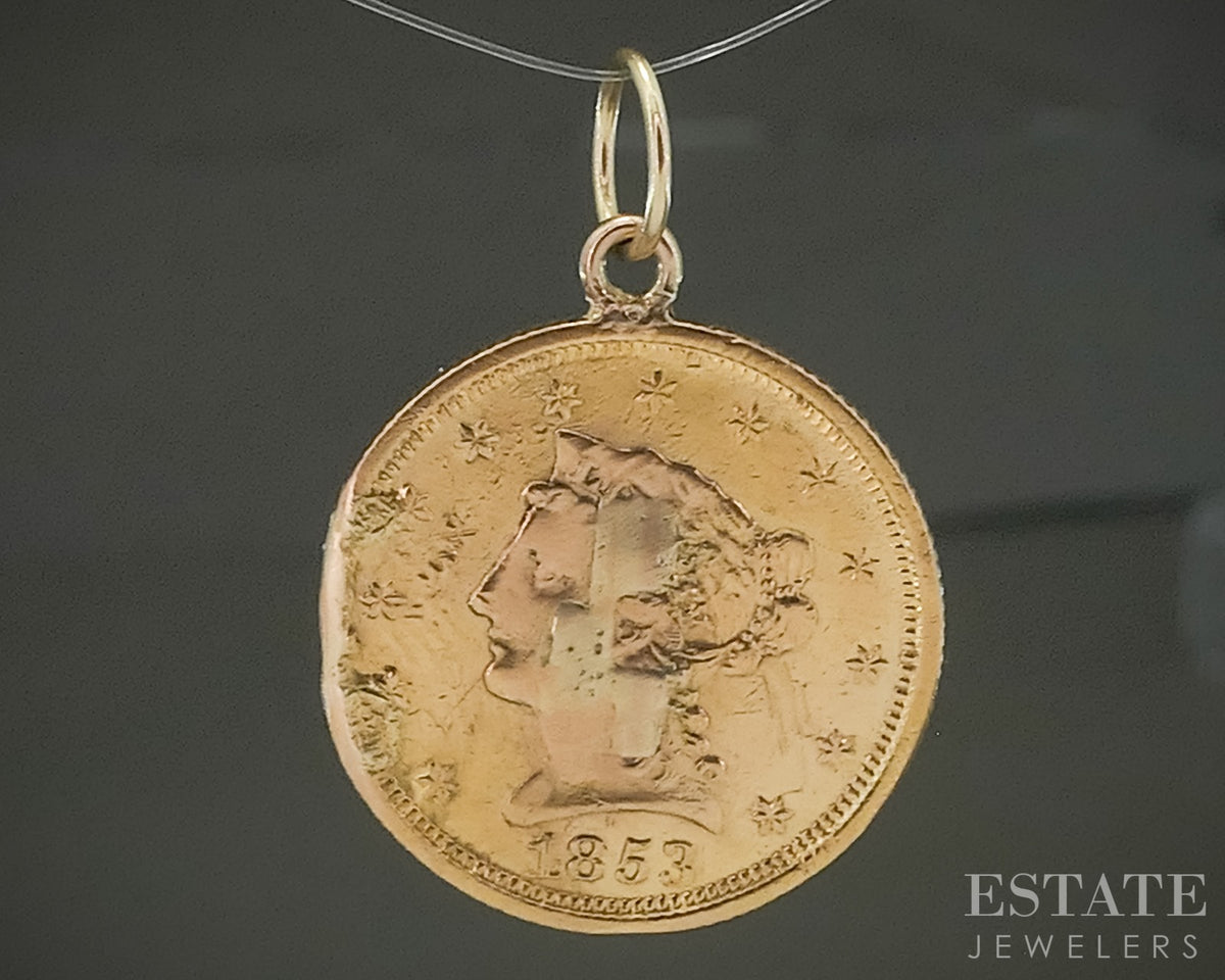 22k Yellow Gold 1853 Liberty Head $1 Gold Coin Pendant Love Token 3.8g p31481