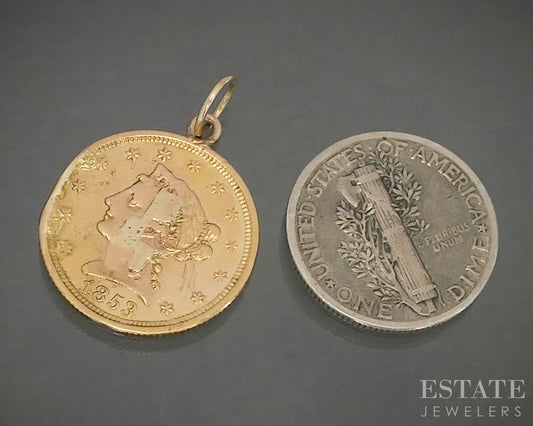 22k Yellow Gold 1853 Liberty Head $1 Gold Coin Pendant Love Token 3.8g p31481