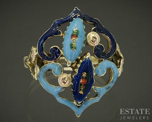 Antique Victorian 14k Yellow Gold Turquoise & Blue Enameled Ring 3.5g p31457