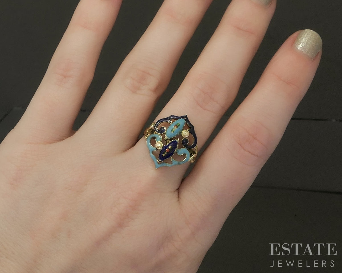 Antique Victorian 14k Yellow Gold Turquoise & Blue Enameled Ring 3.5g p31457
