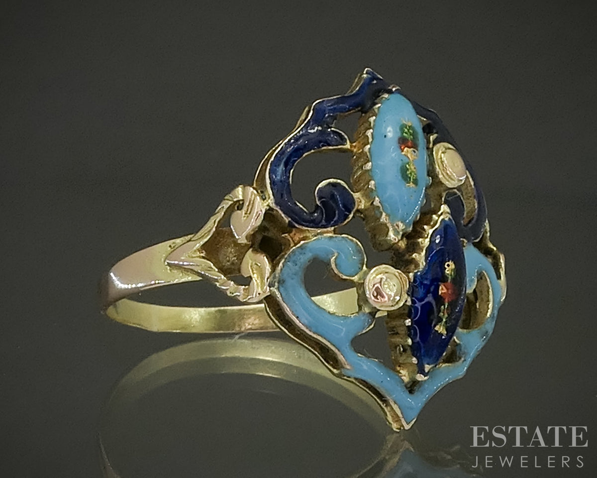 Antique Victorian 14k Yellow Gold Turquoise & Blue Enameled Ring 3.5g p31457