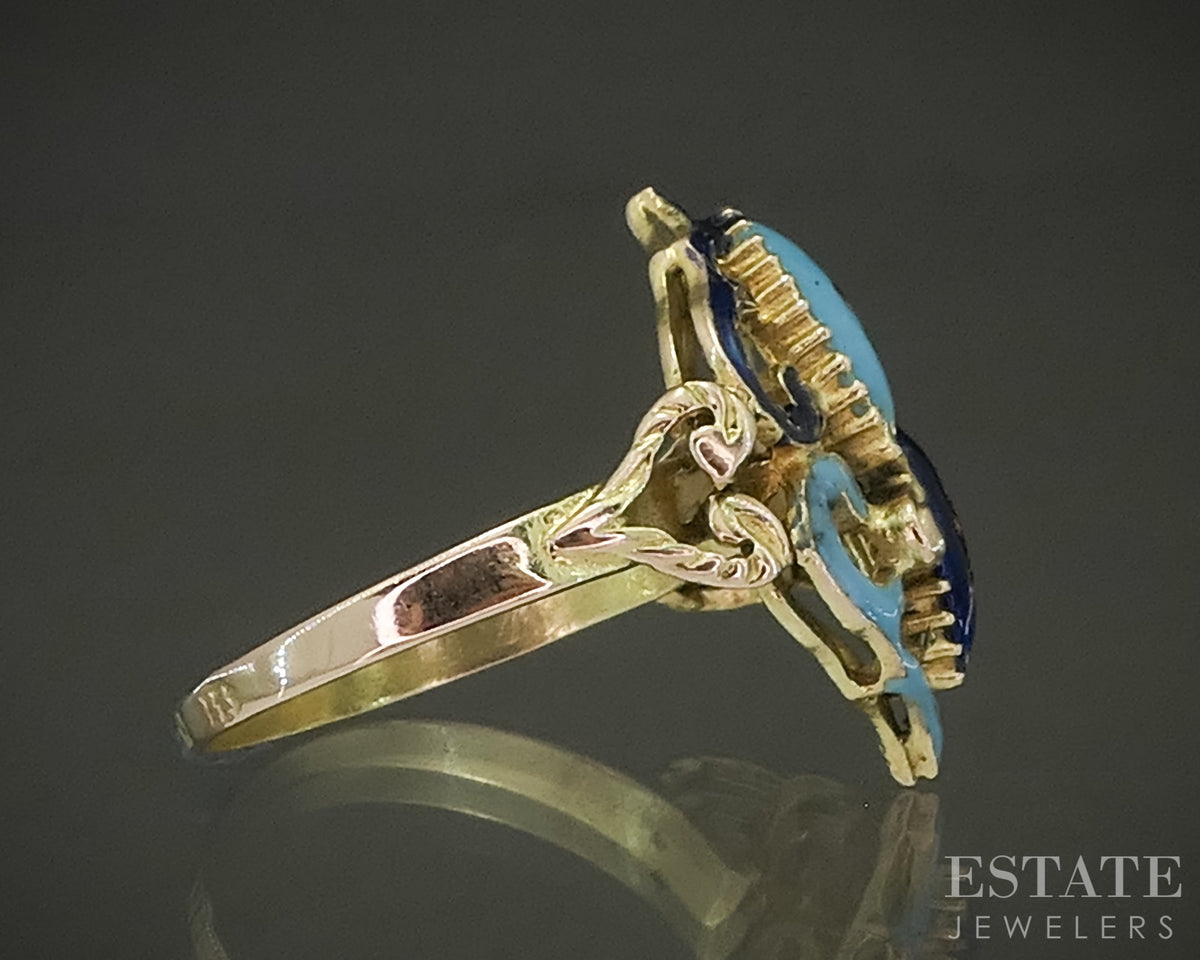 Antique Victorian 14k Yellow Gold Turquoise & Blue Enameled Ring 3.5g p31457