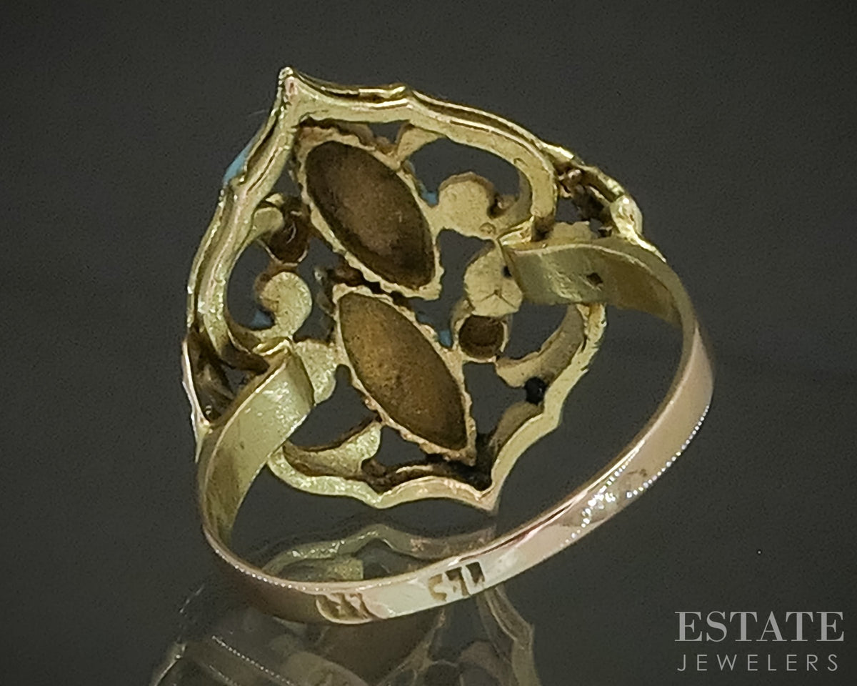 Antique Victorian 14k Yellow Gold Turquoise & Blue Enameled Ring 3.5g p31457
