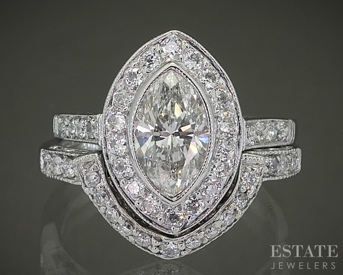 Antique Art Deco Platinum Marquise Natural 1.28ctw Diamond Wedding Set 5g p31503