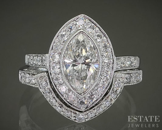Antique Art Deco Platinum Marquise Natural 1.28ctw Diamond Wedding Set 5g p31503