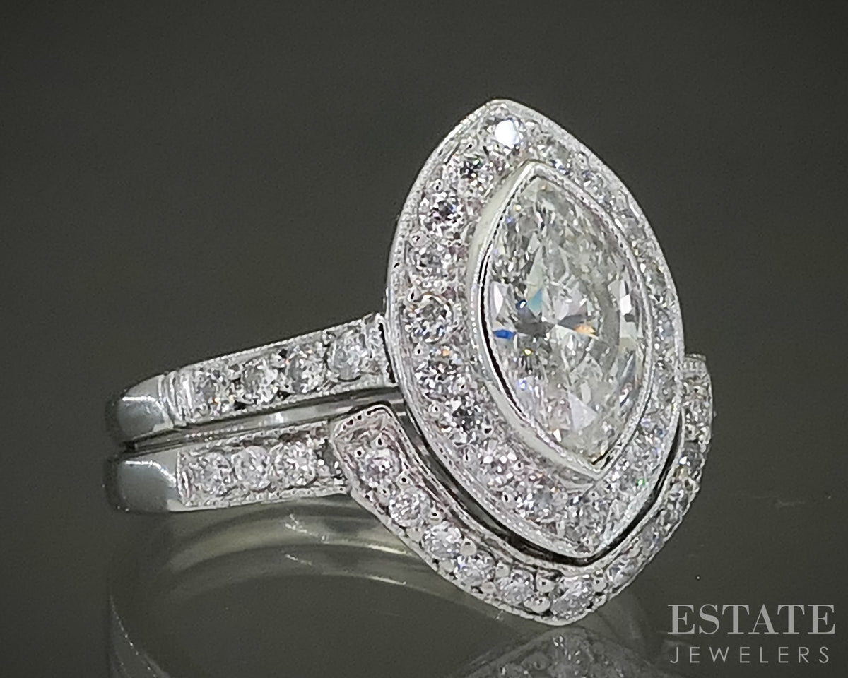 Antique Art Deco Platinum Marquise Natural 1.28ctw Diamond Wedding Set 5g p31503