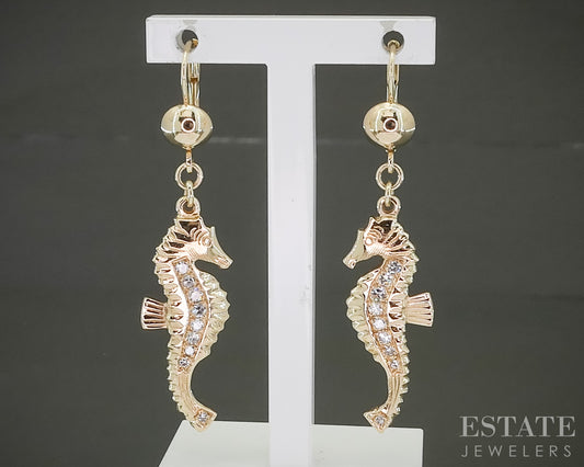 14k Yellow Gold Natural .12ctw Diamond Seahorse Dangle Earrings 5.8g p31395