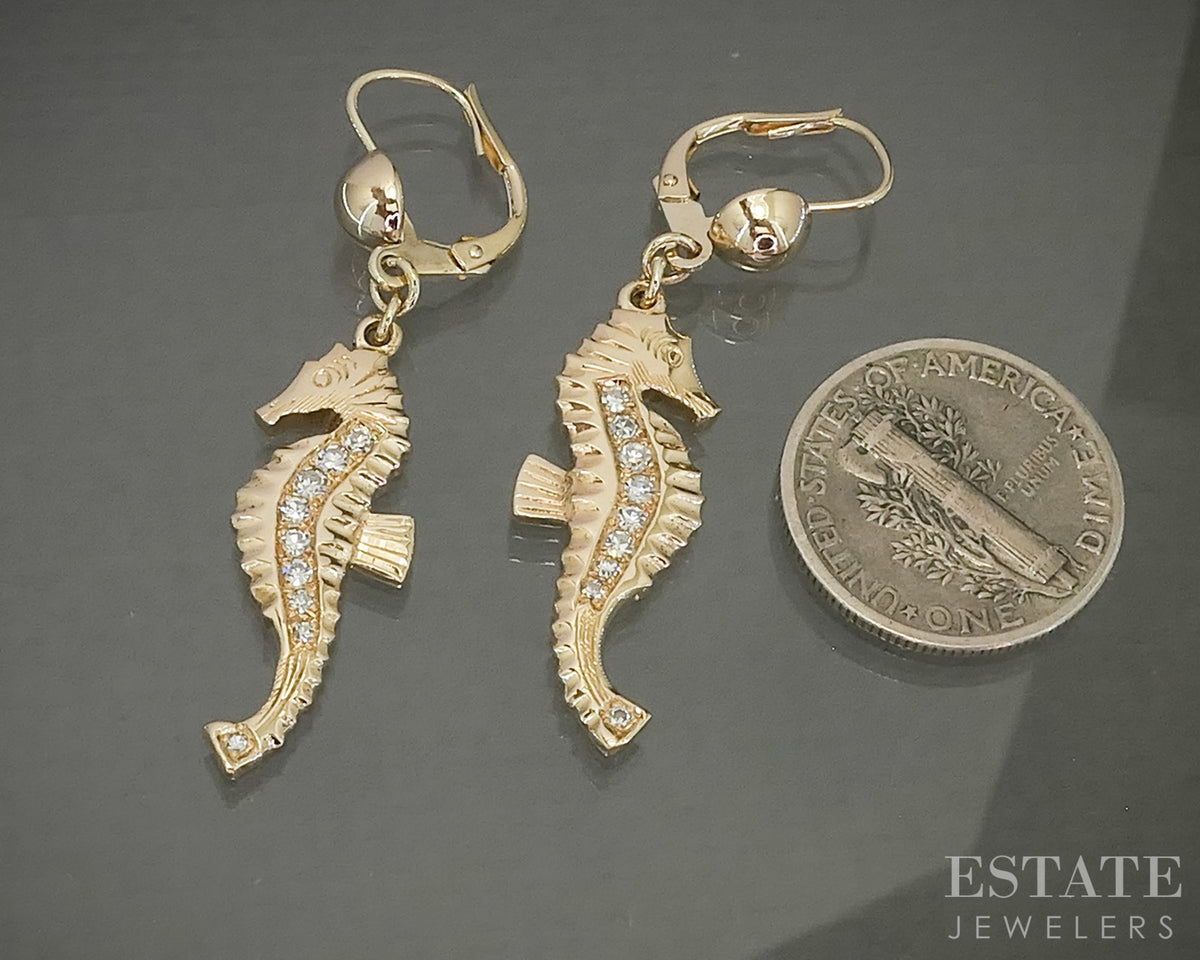 14k Yellow Gold Natural .12ctw Diamond Seahorse Dangle Earrings 5.8g p31395